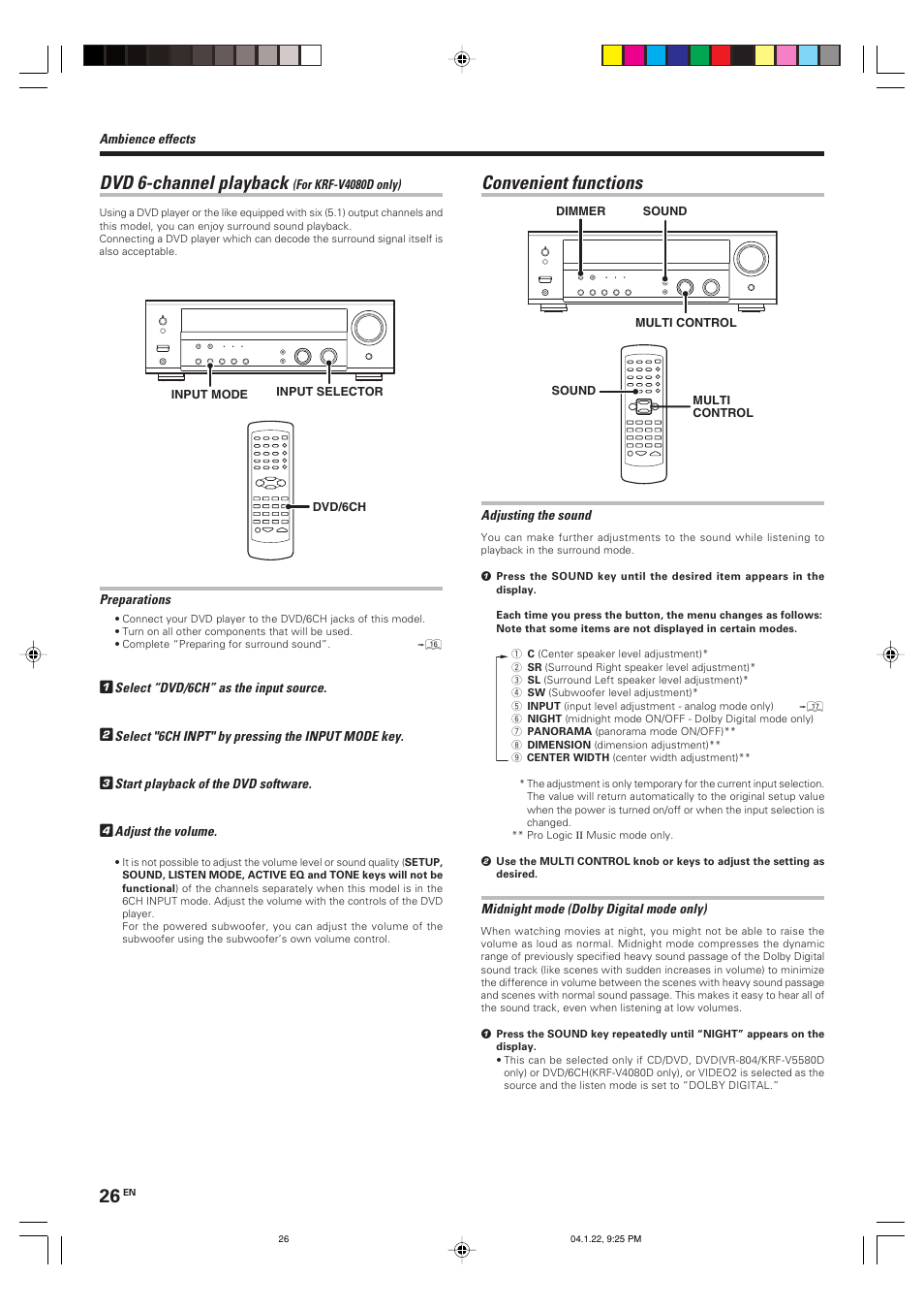 Dvd 6-channel playback, Convenient functions | Kenwood VR-804 User Manual | Page 26 / 32