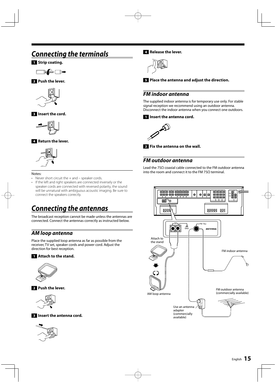 Connecting the terminals, Connecting the antennas, Am loop antenna | Fm indoor antenna, Fm outdoor antenna | Kenwood KRF-V5200D User Manual | Page 15 / 40