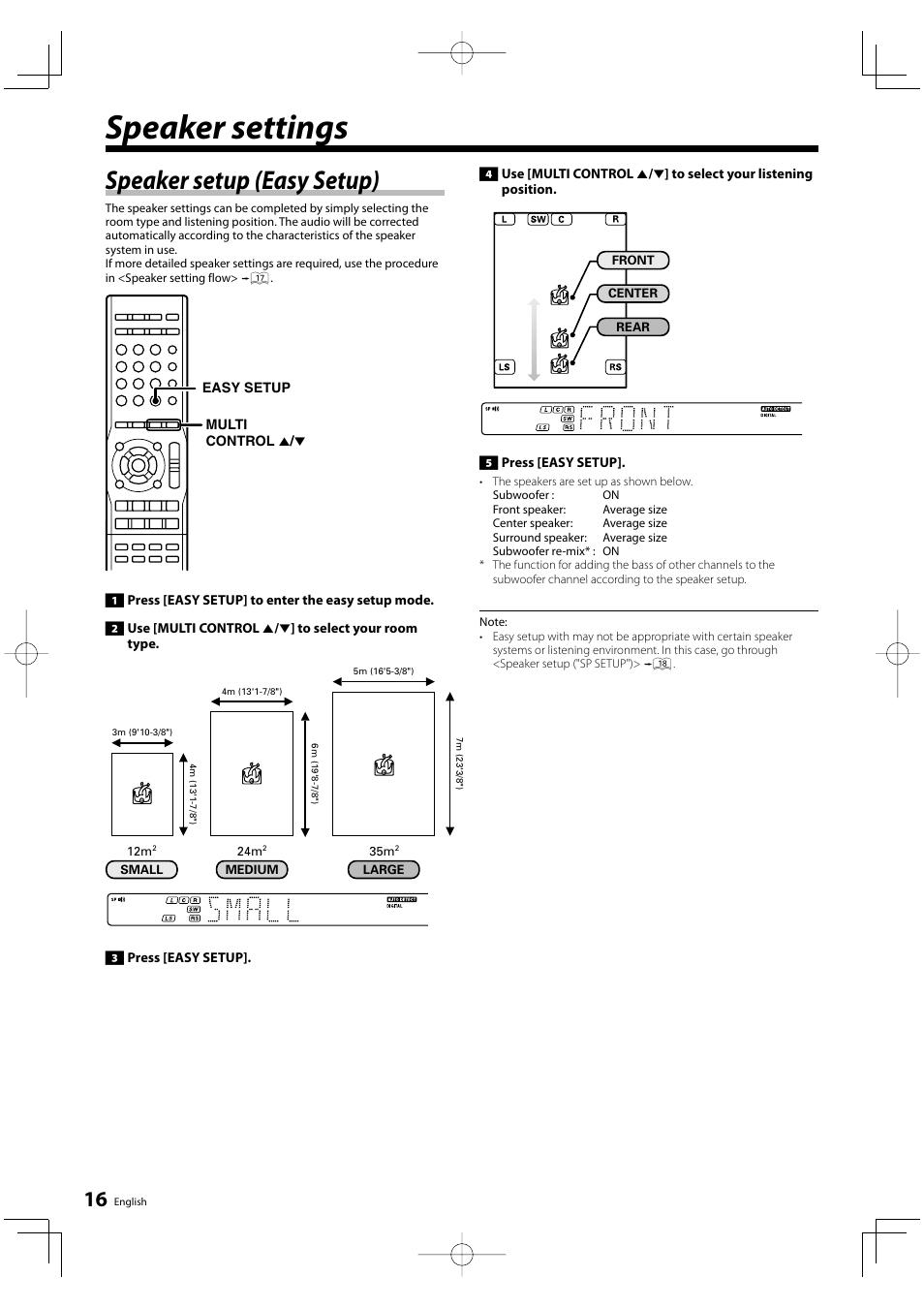 Speaker settings, Speaker setup (easy setup) | Kenwood KRF-V5200D User Manual | Page 16 / 40