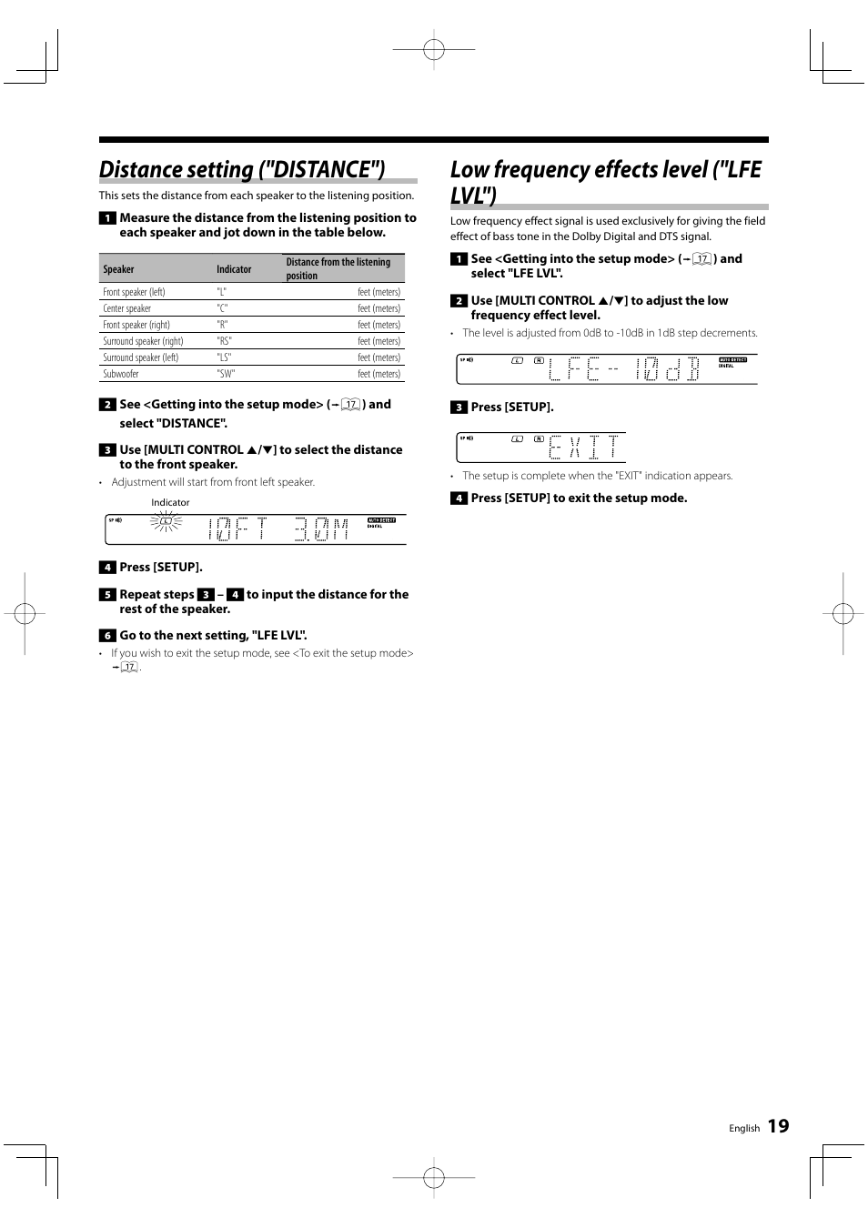 Distance setting ("distance"), Low frequency effects level ("lfe lvl") | Kenwood KRF-V5200D User Manual | Page 19 / 40