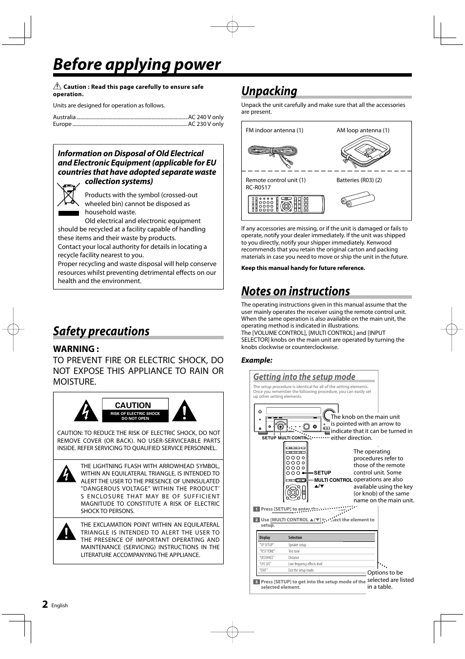 Before applying power, Unpacking, Safety precautions | Getting into the setup mode | Kenwood KRF-V5200D User Manual | Page 2 / 40