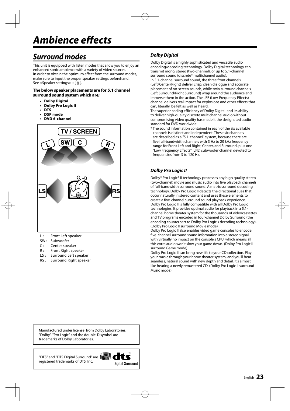 Ambience effects, Surround modes | Kenwood KRF-V5200D User Manual | Page 23 / 40