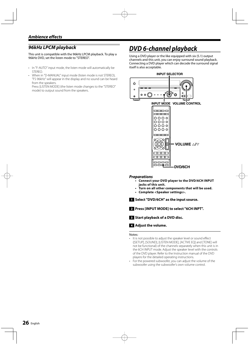 Dvd 6-channel playback, 96khz lpcm playback | Kenwood KRF-V5200D User Manual | Page 26 / 40