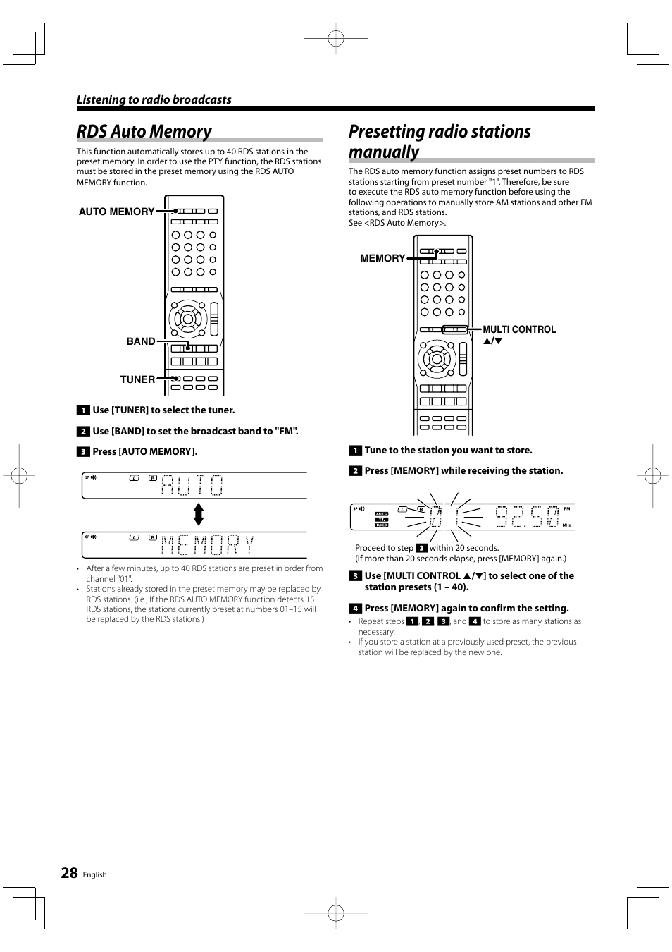 Presetting radio stations manually | Kenwood KRF-V5200D User Manual | Page 28 / 40