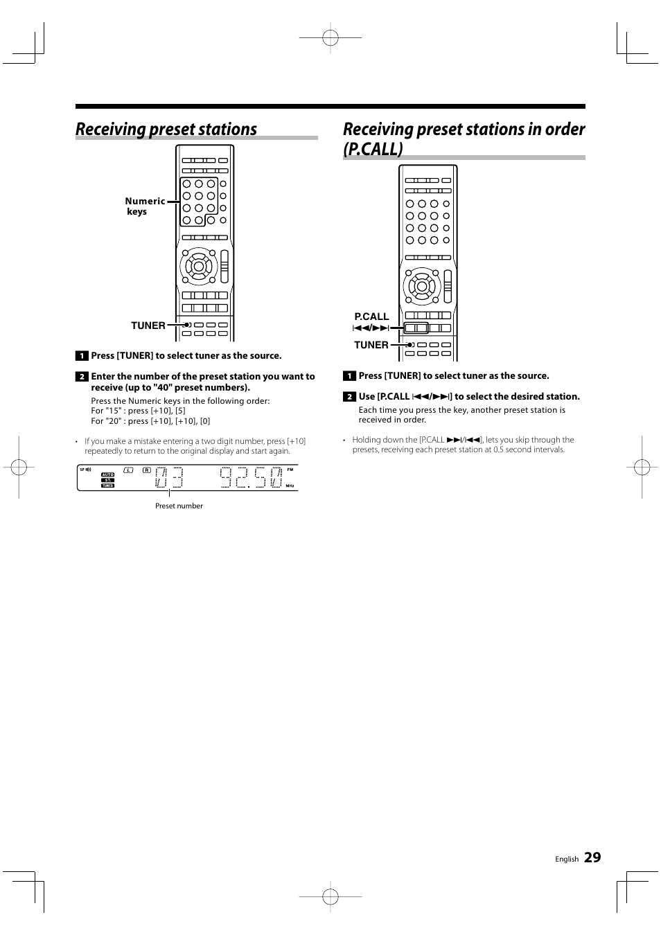 Receiving preset stations, Receiving preset stations in order (p.call) | Kenwood KRF-V5200D User Manual | Page 29 / 40