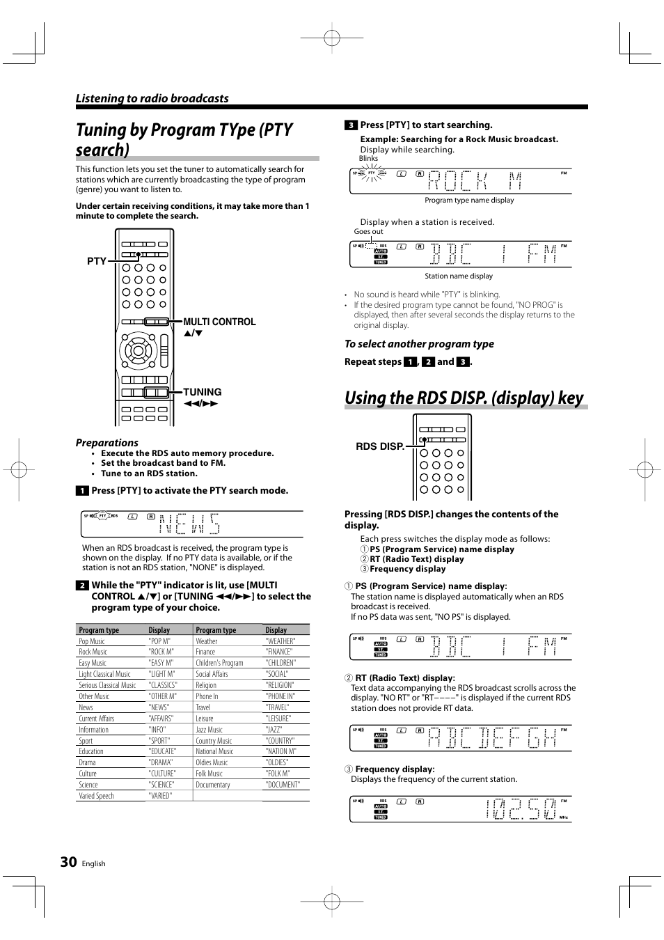 Tuning by program type (pty search), Using the rds disp. (display) key, Listening to radio broadcasts | Kenwood KRF-V5200D User Manual | Page 30 / 40