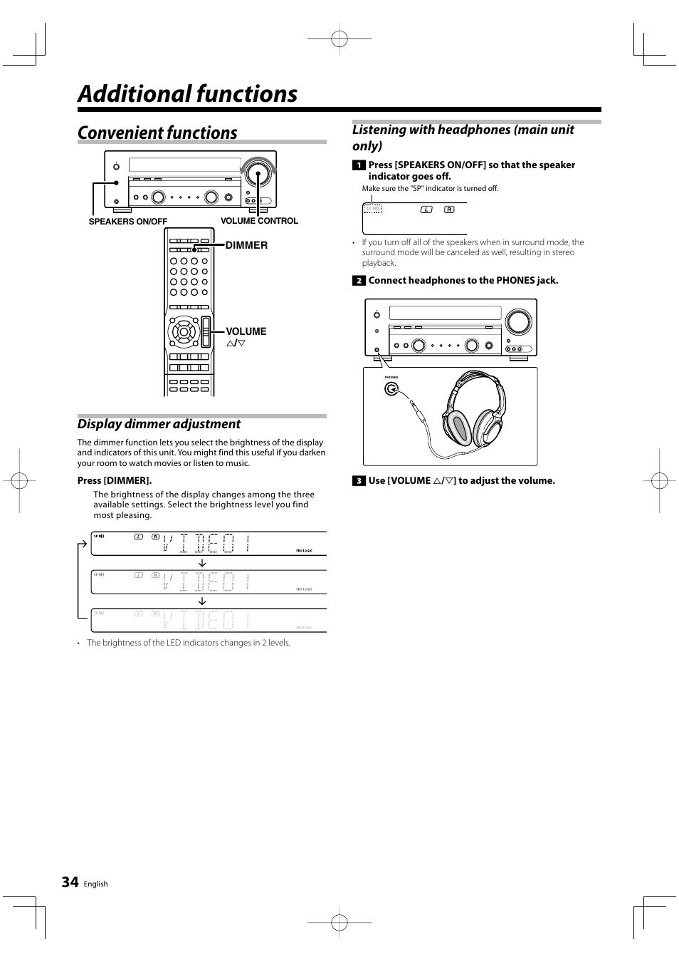 Additional functions, Convenient functions, Display dimmer adjustment | Kenwood KRF-V5200D User Manual | Page 34 / 40