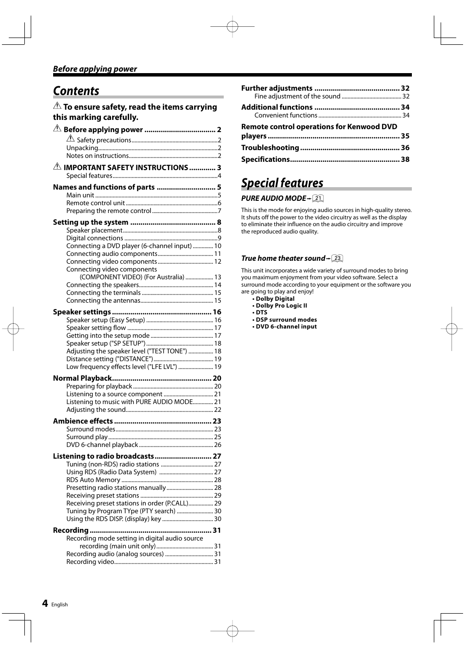 Kenwood KRF-V5200D User Manual | Page 4 / 40