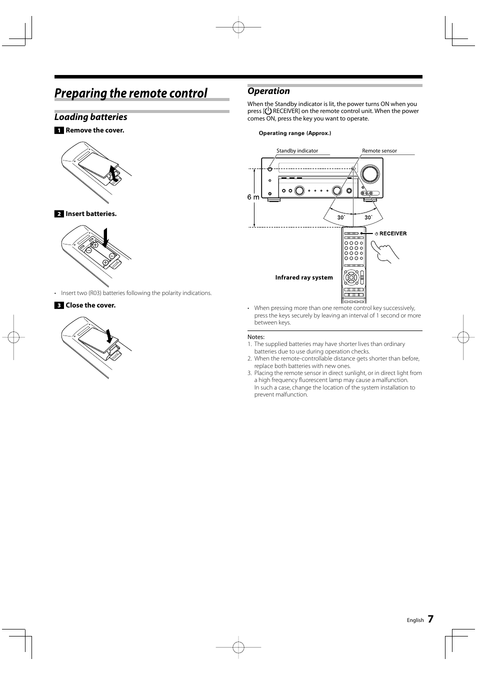 Preparing the remote control, Loading batteries, Operation | Kenwood KRF-V5200D User Manual | Page 7 / 40