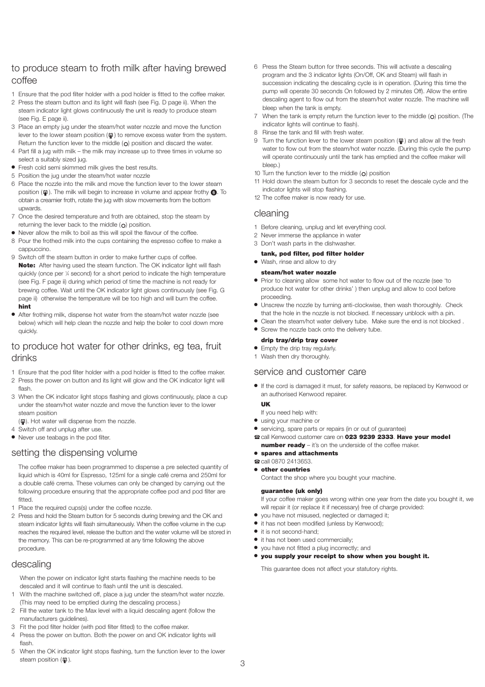 Setting the dispensing volume, Descaling, Cleaning | Service and customer care | Kenwood ESP100 series User Manual | Page 7 / 9