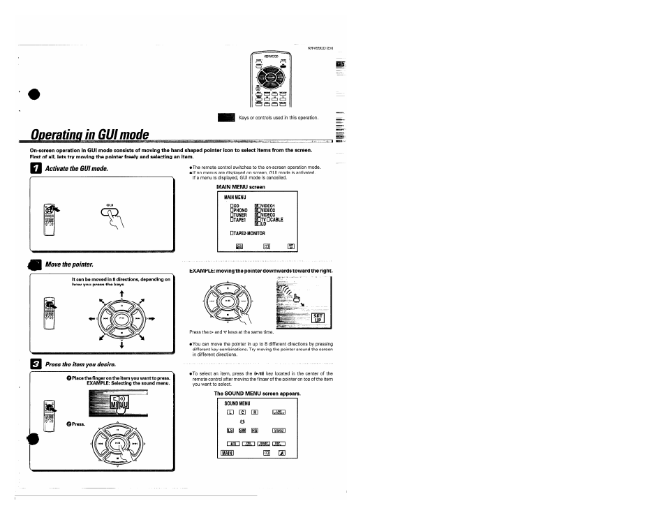 Operating in gui mode, Main menu ]cd .phono i, Sound menu cd cs eel | Lsi h is] rstèrèot rwi ns~i 1, 1fm^ ml | Kenwood KR-V990D User Manual | Page 15 / 44