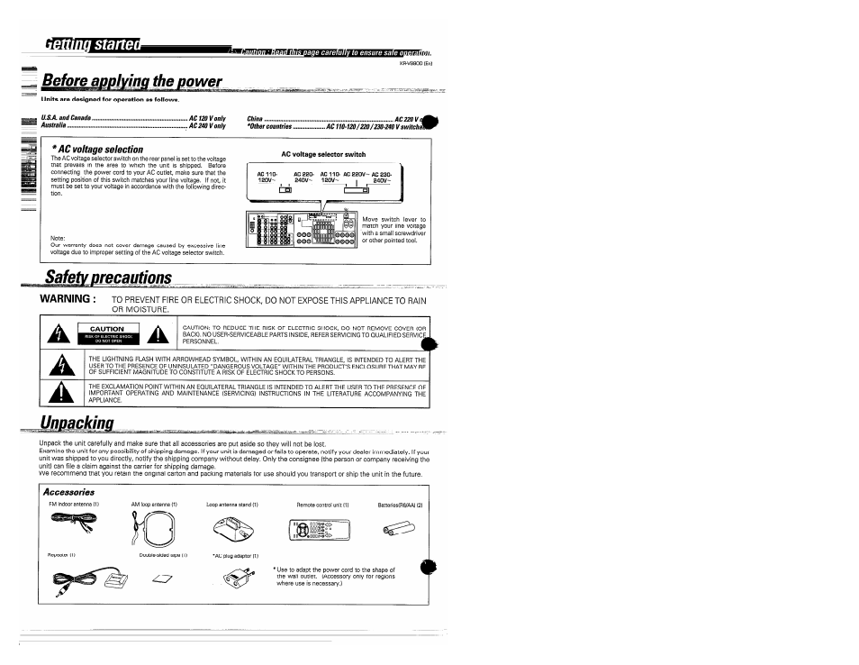 Starte, Before aoomng the power, Ac voltage selection | Tfíntím starte, Warning | Kenwood KR-V990D User Manual | Page 2 / 44
