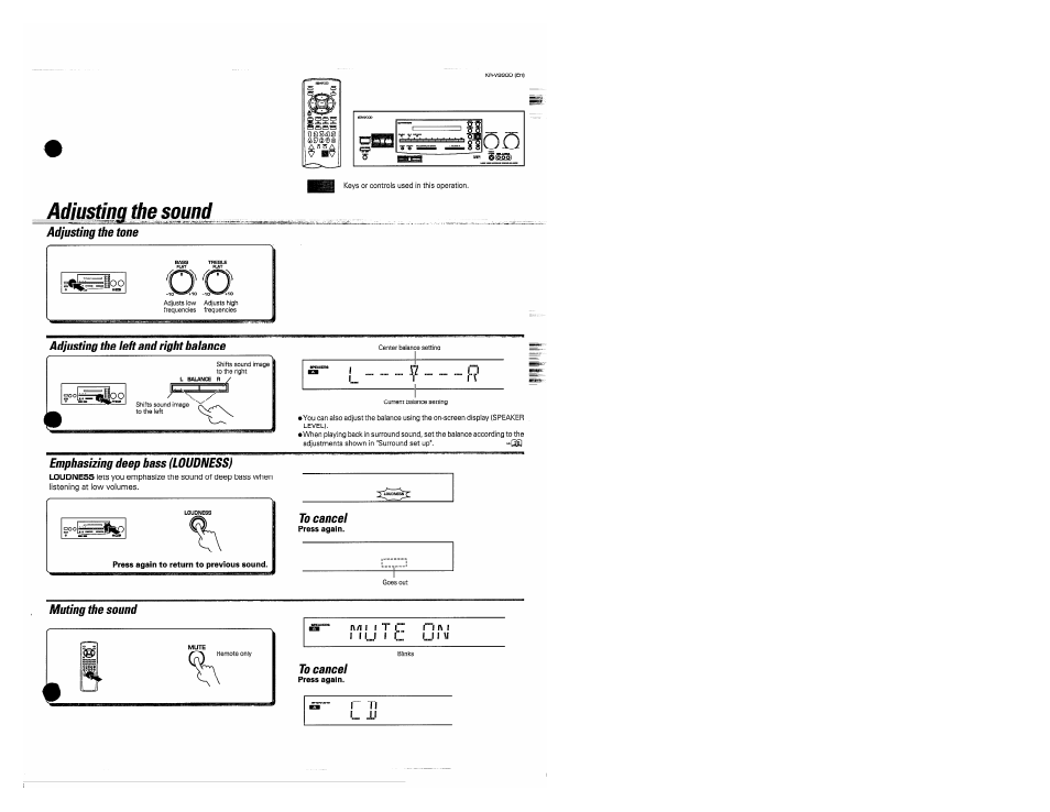 Adjusting the sound, Adjusting the tone, Adjusting the left and right batanee | Emphasizing deep bass (loudness), To cancel, Muting the sound | Kenwood KR-V990D User Manual | Page 23 / 44