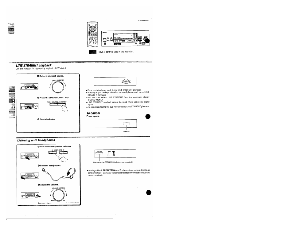 Line straight playback, To cancel, Listening with headphones | Kenwood KR-V990D User Manual | Page 24 / 44