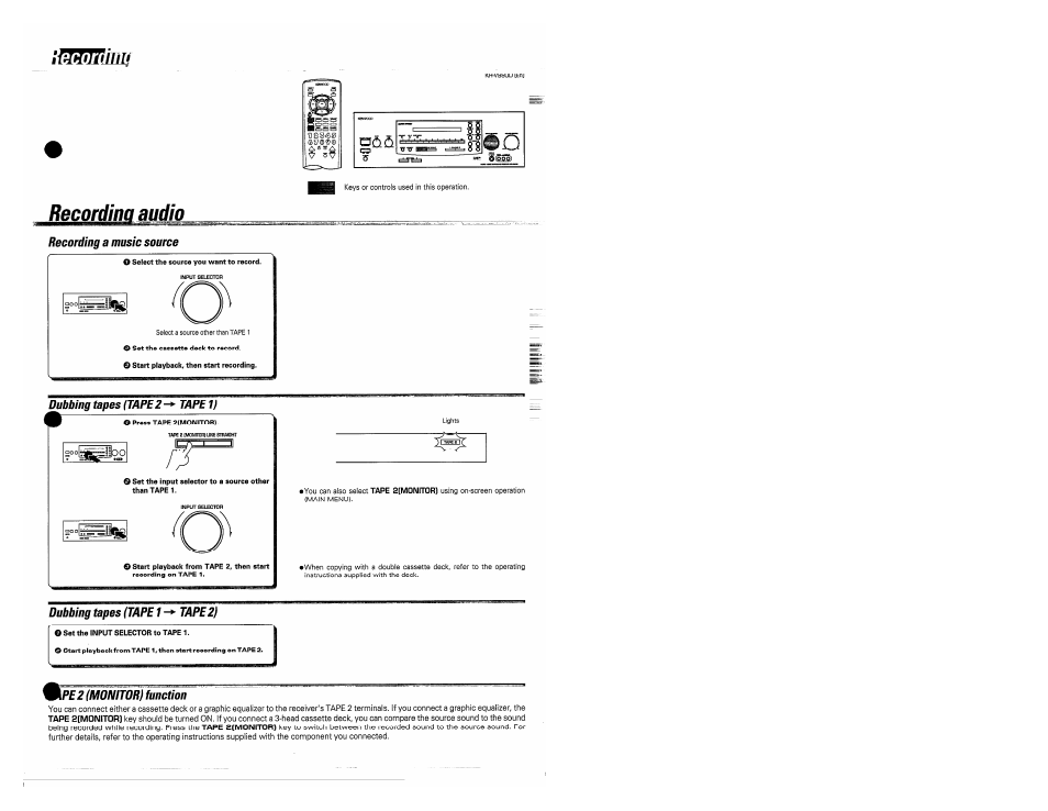 Recording audio, Recording a music source, Dubbing tapes (tape 1 -► tape 2 | Wpe2 (monitor) function | Kenwood KR-V990D User Manual | Page 25 / 44