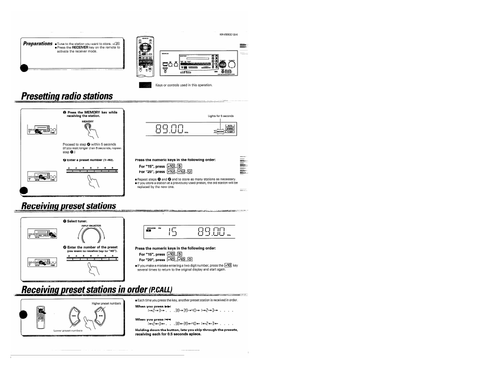 Presetting radio stations, Receiving preset stations, Receiving preset stations in order (p-calli | Lioo | Kenwood KR-V990D User Manual | Page 29 / 44