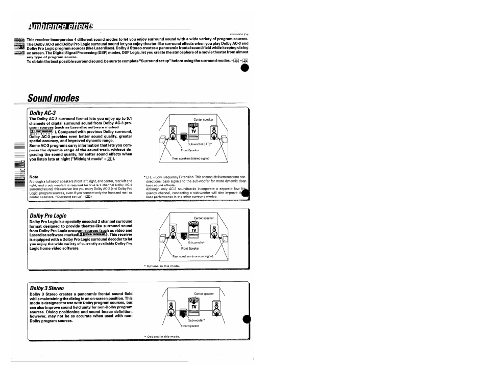 Iwlimus^msil, Sound modes, Dolby ac-3 | Dolby pro logic, Dolby 3 stereo | Kenwood KR-V990D User Manual | Page 30 / 44