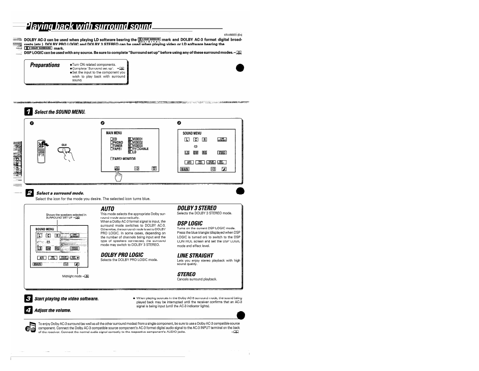 Auto, Dolby pro logic, Dolby 3 stereo | Dsp logic, Line straight, Stereo | Kenwood KR-V990D User Manual | Page 32 / 44