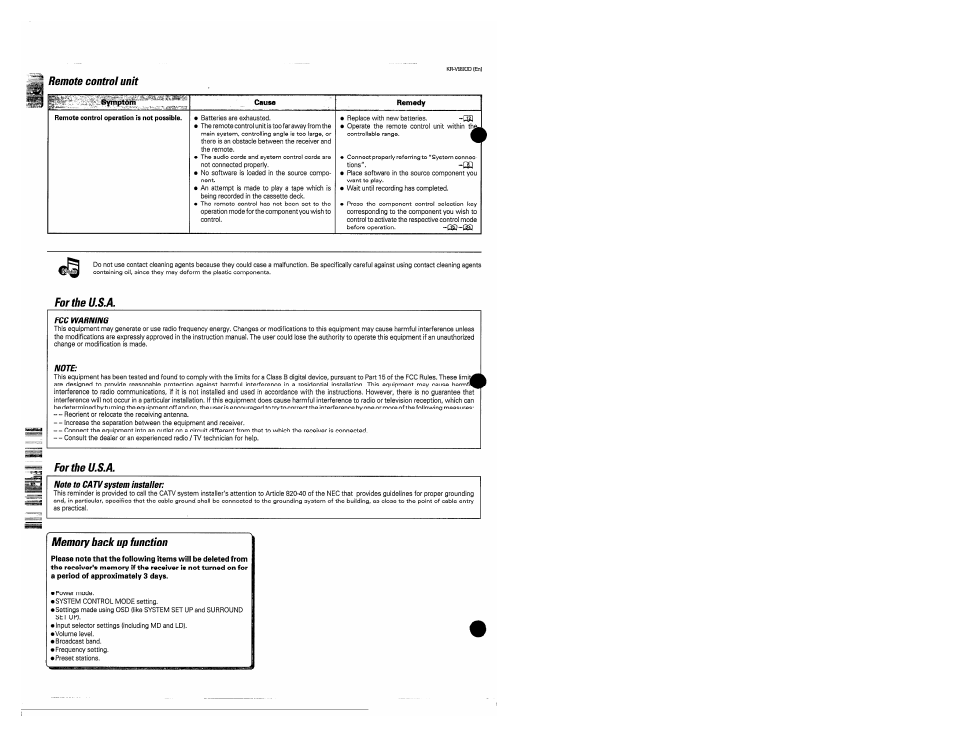 Remote control unit, For the u.s.a, Memory back up function | Fortheu.s.a | Kenwood KR-V990D User Manual | Page 42 / 44