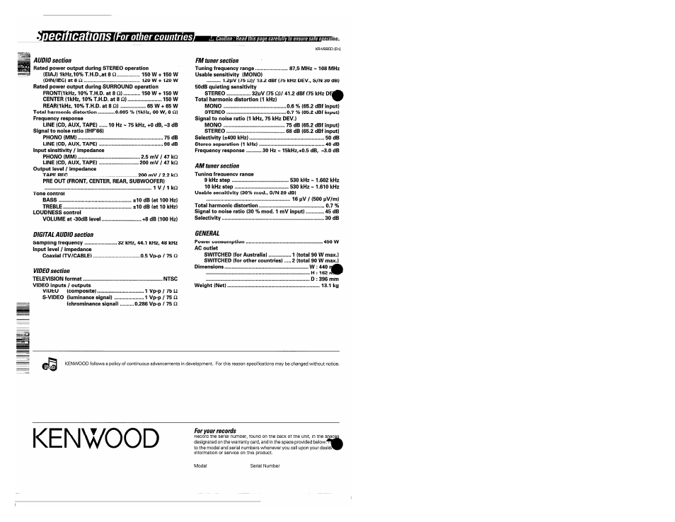 Kenwood, Ions (for other countries | Kenwood KR-V990D User Manual | Page 44 / 44