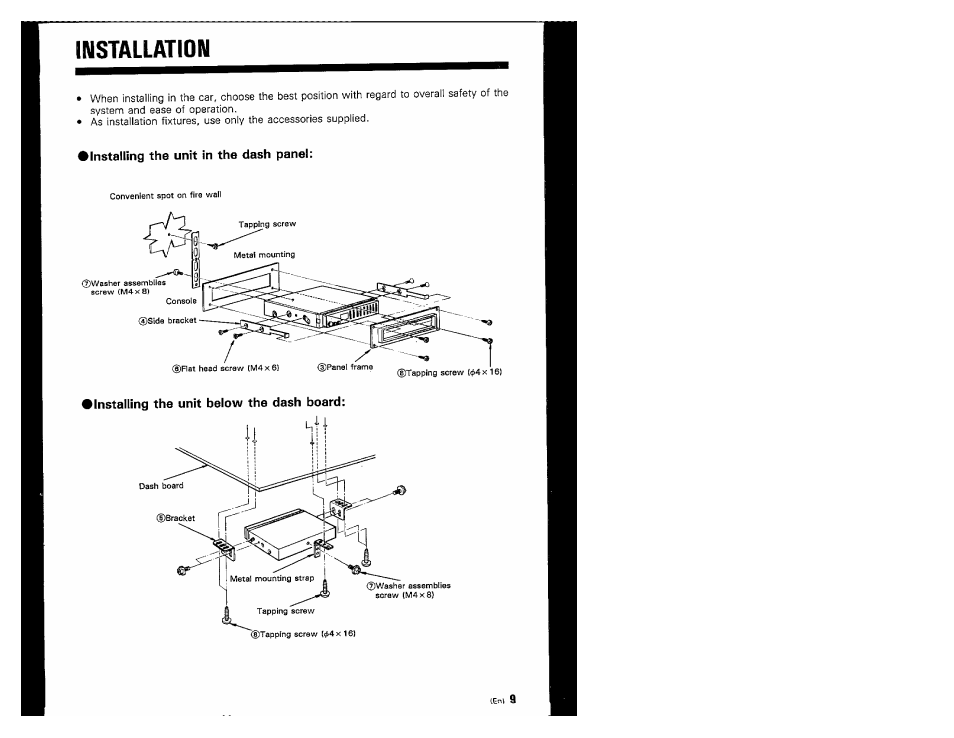 Installation, Installing the unit in the dash panel, Installing the unit below the dash board | Kenwood KGC-4032 User Manual | Page 9 / 12