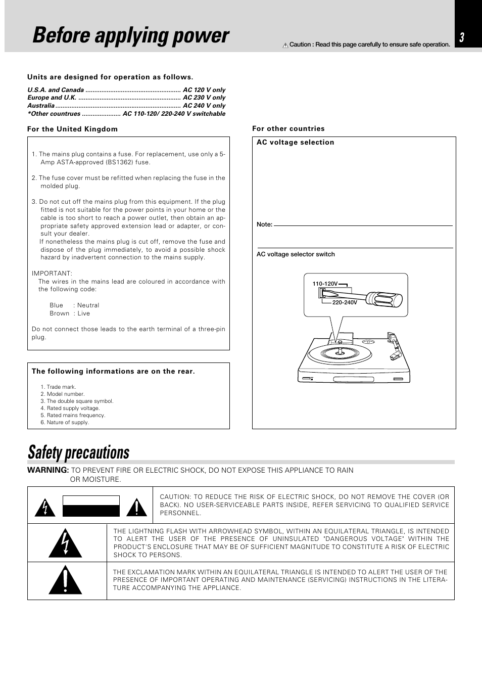 Before applying power, Safety precautions | Kenwood P-110 User Manual | Page 3 / 8