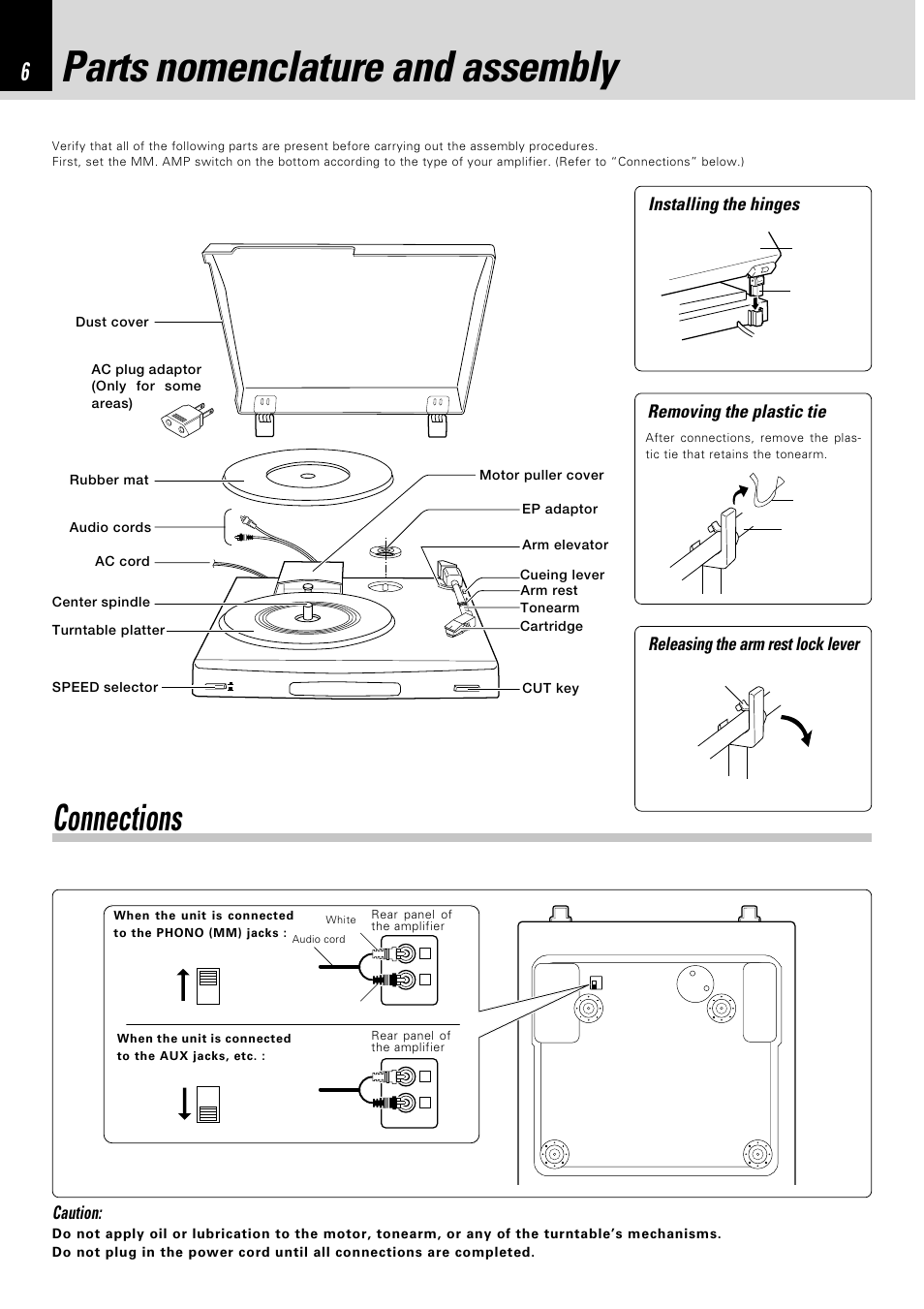 Parts nomenclature and assembly, Connections, Installing the hinges | Caution | Kenwood P-110 User Manual | Page 6 / 8