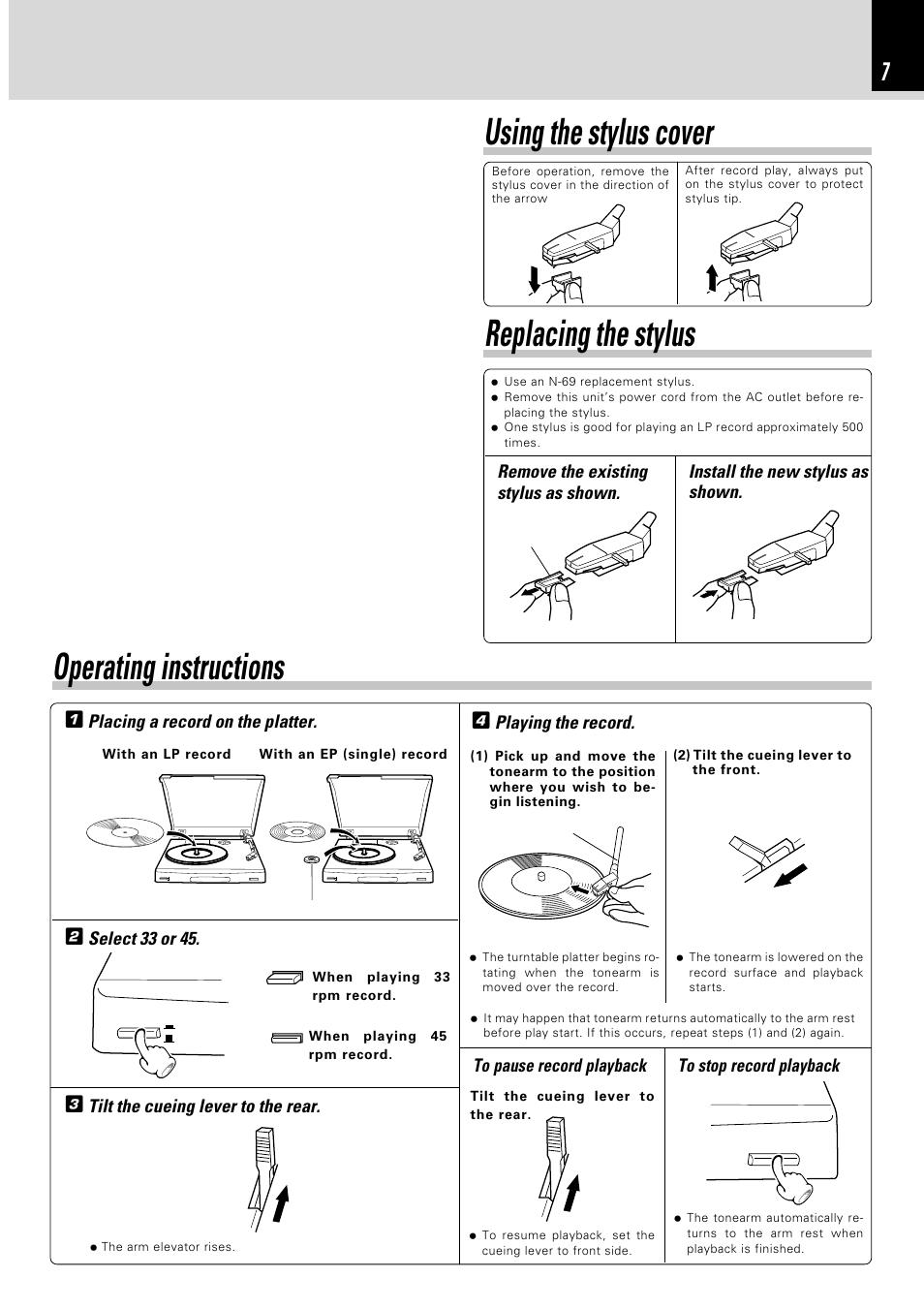 Using the stylus cover, Replacing the stylus, Operating instructions | Tilt the cueing lever to the rear, Select 33 or 45, Placing a record on the platter | Kenwood P-110 User Manual | Page 7 / 8