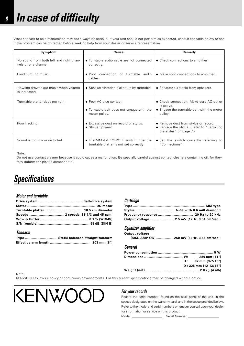 In case of difficulty, Specifications, Motor and turntable | Tonearm, Cartridge, Equalizer amplifier, General, For your records | Kenwood P-110 User Manual | Page 8 / 8