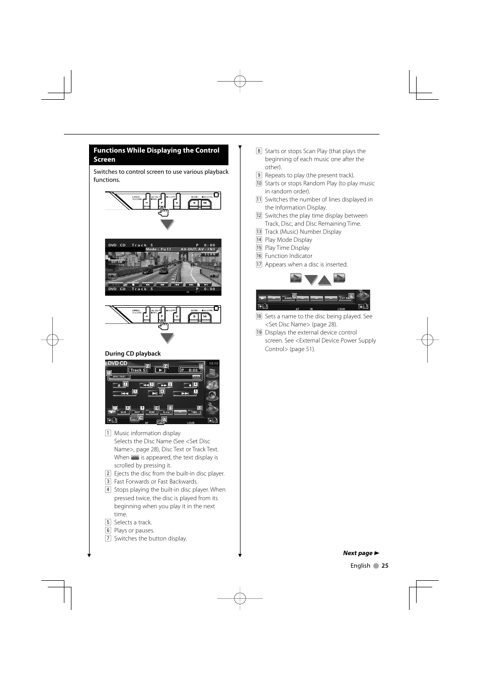 Functions while displaying the control screen, Next page 3 | Kenwood KVT-839DVD User Manual | Page 25 / 96