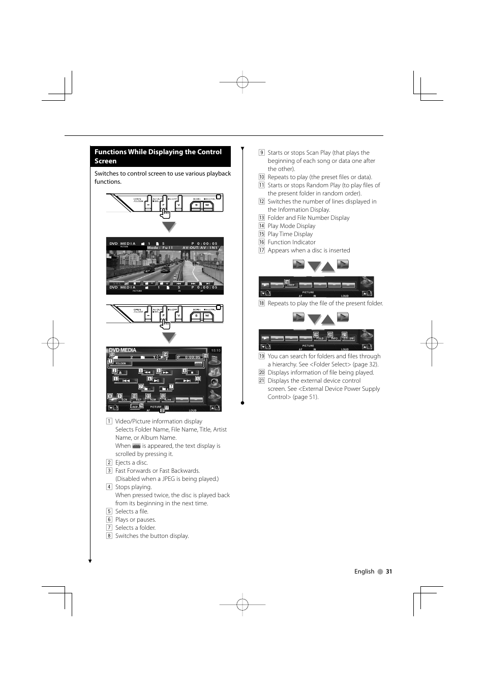 Functions while displaying the control screen | Kenwood KVT-839DVD User Manual | Page 31 / 96