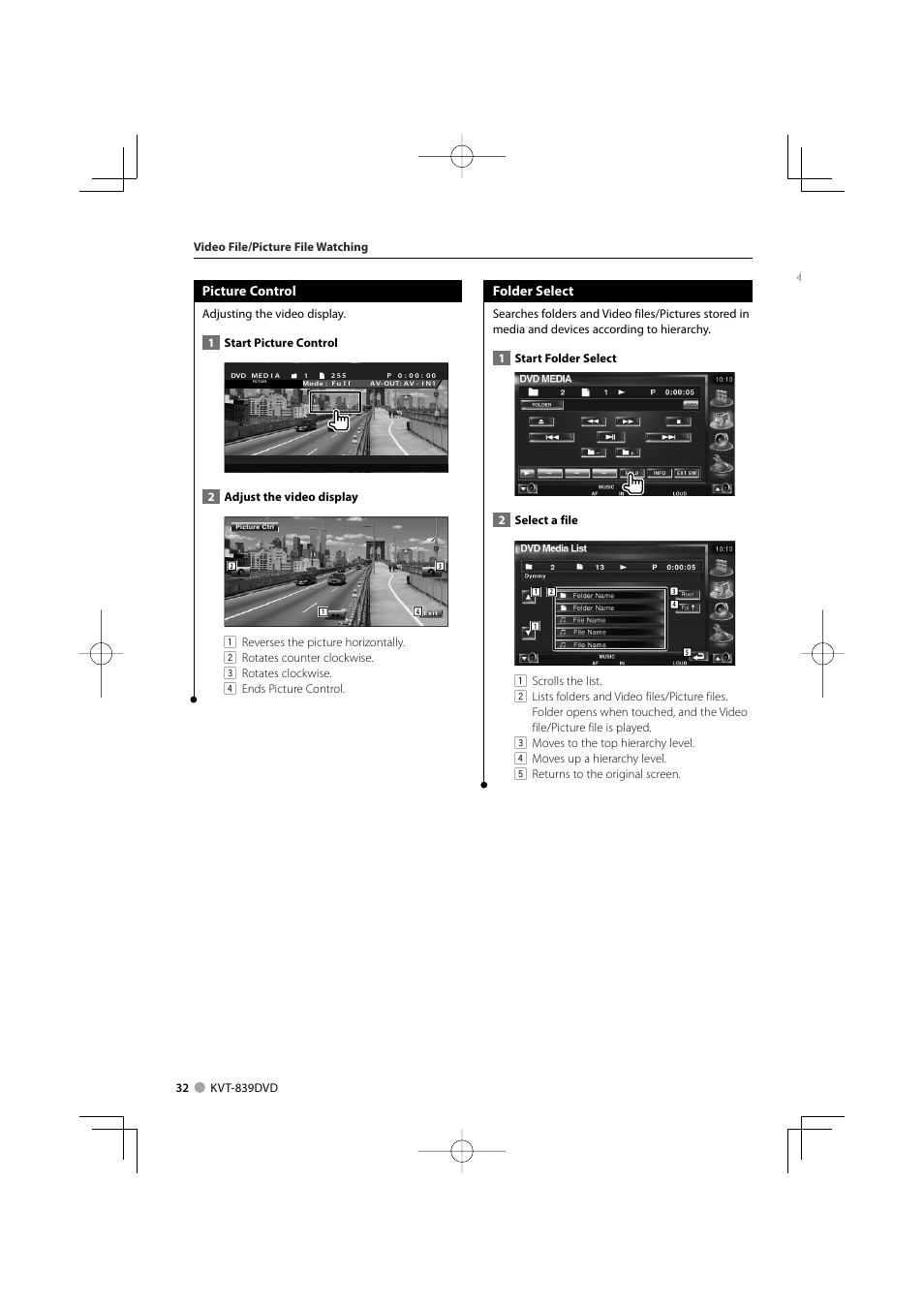 Picture control, Folder select | Kenwood KVT-839DVD User Manual | Page 32 / 96