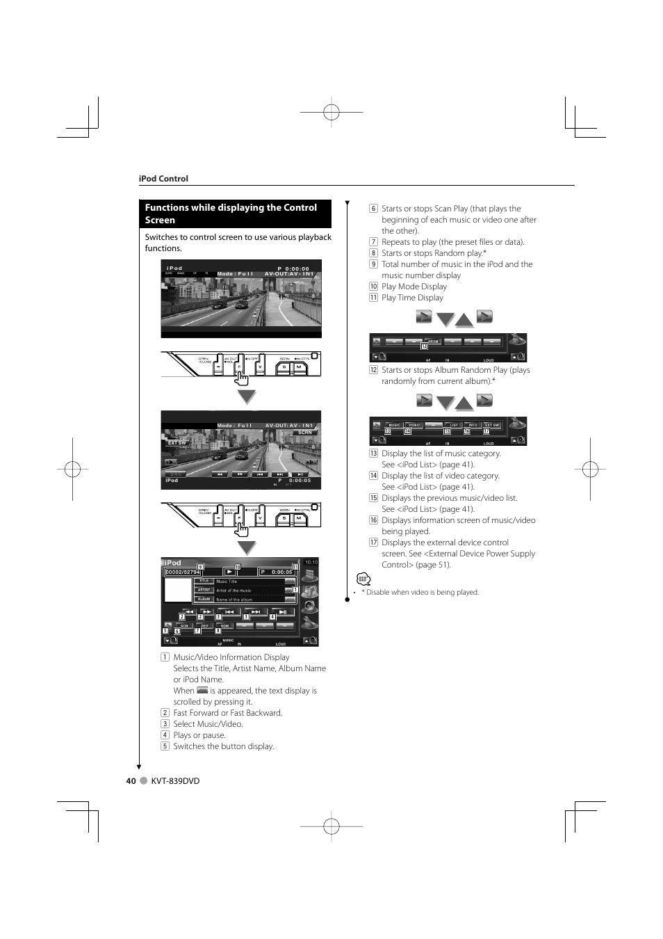 Functions while displaying the control screen | Kenwood KVT-839DVD User Manual | Page 40 / 96