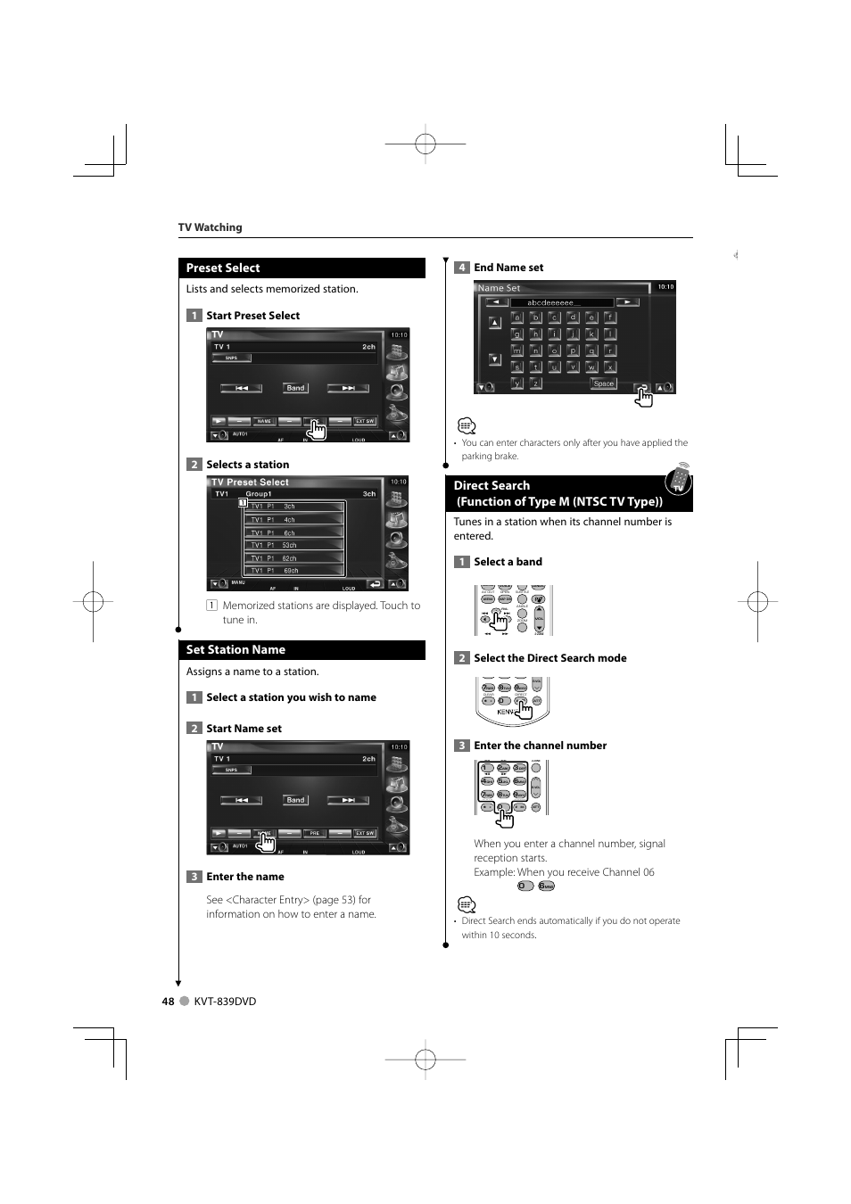 Preset select, Set station name, Direct search (function of type m (ntsc tv type)) | 2select the direct search mode, 3enter the channel number, Tv watching | Kenwood KVT-839DVD User Manual | Page 48 / 96