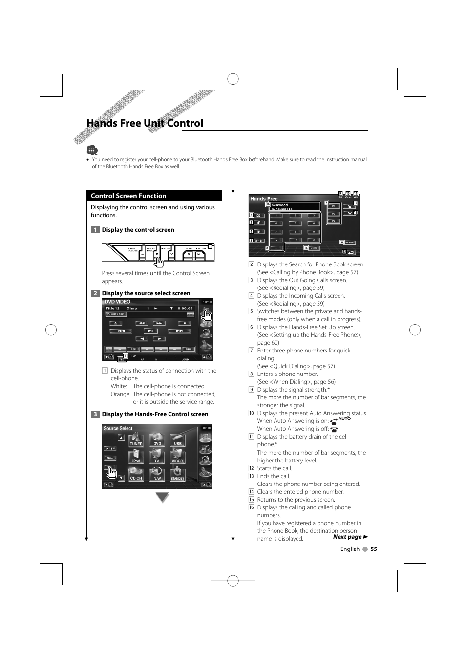 Hands free unit control | Kenwood KVT-839DVD User Manual | Page 55 / 96