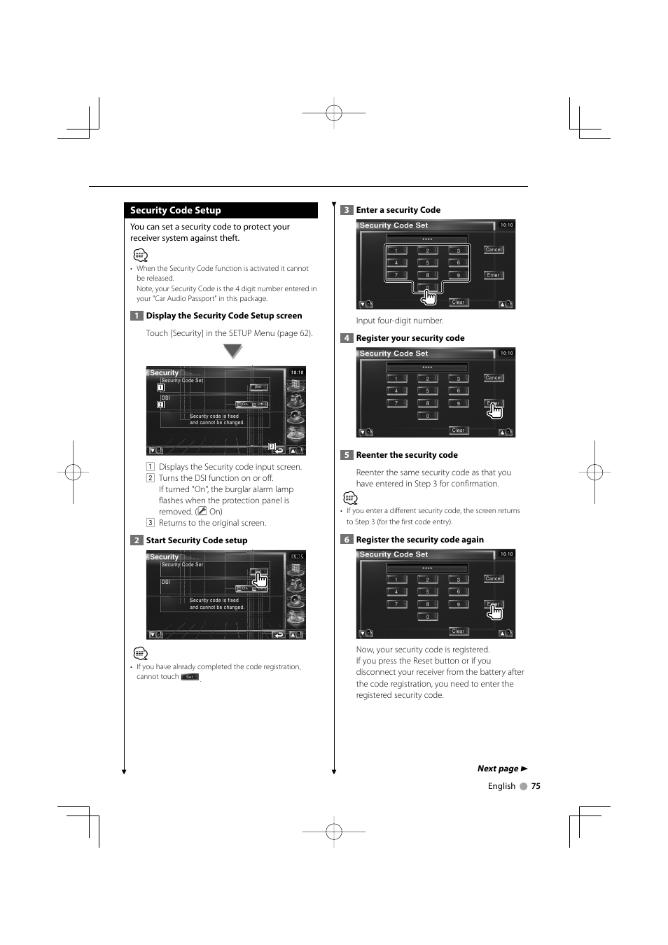 Security code setup | Kenwood KVT-839DVD User Manual | Page 75 / 96