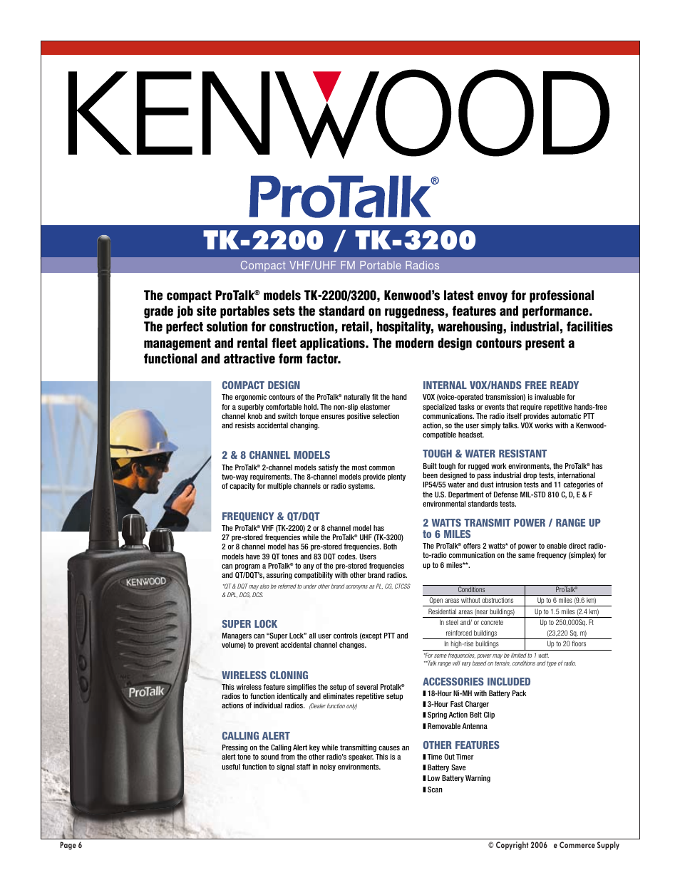 The compact protalk, Compact vhf/uhf fm portable radios, Compact design | 2 & 8 channel models, Frequency & qt/dqt, Super lock, Wireless cloning, Calling alert, Internal vox/hands free ready, Tough & water resistant | Kenwood EQ016R User Manual | Page 6 / 10