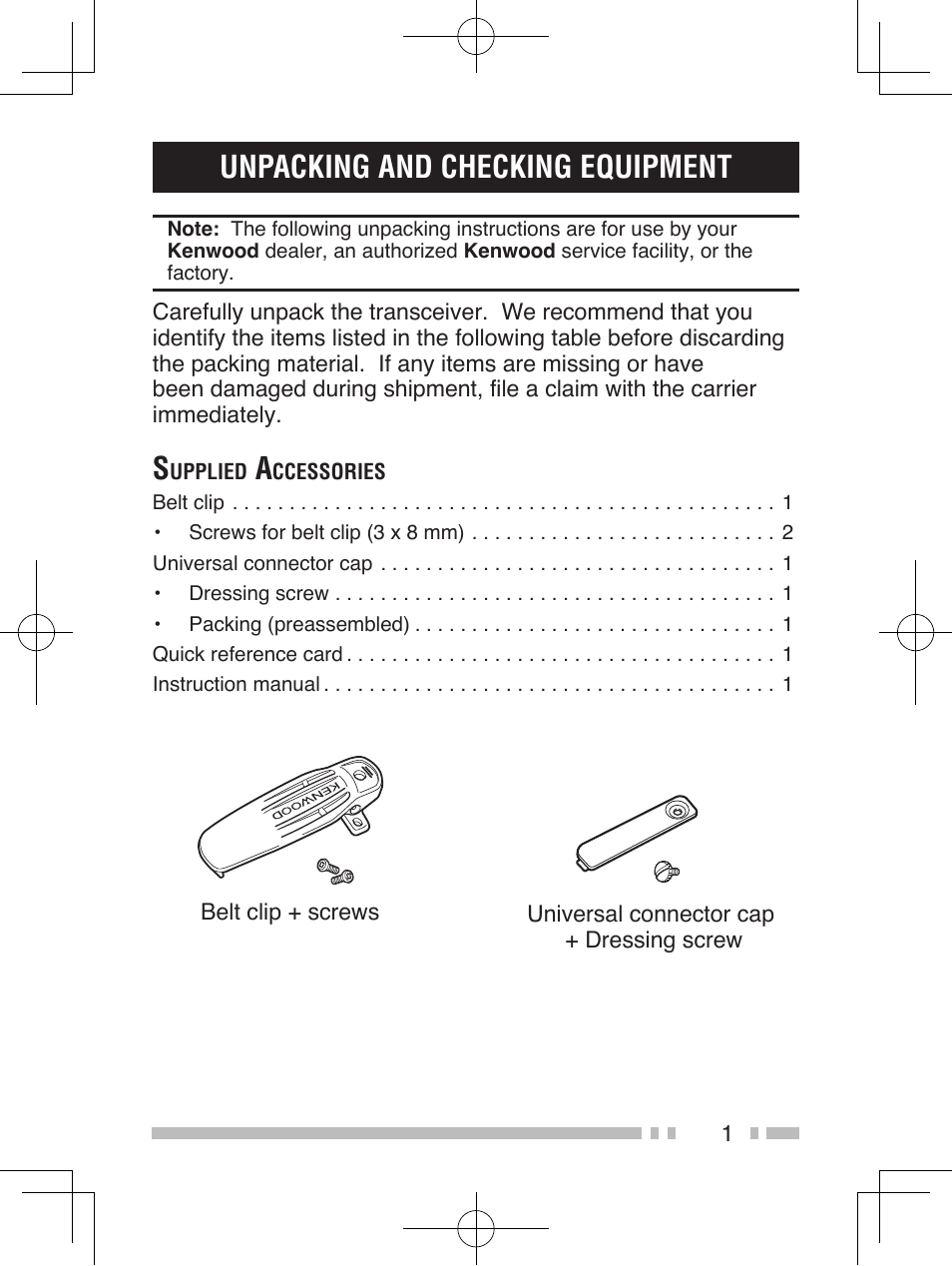 Unpacking and checking equipment | Kenwood TK-5410 User Manual | Page 11 / 66