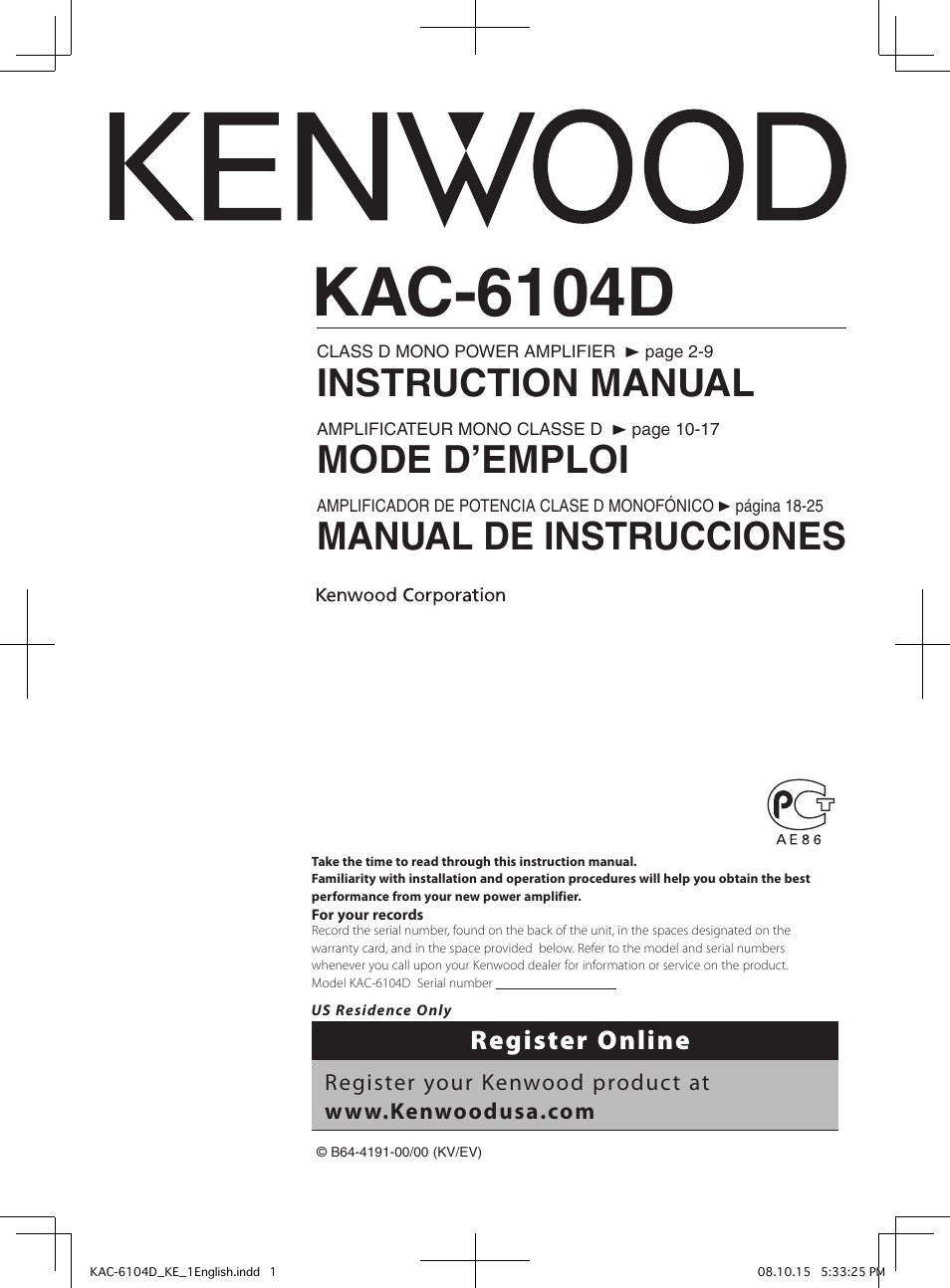 Kenwood KAC-6104D User Manual | 28 pages