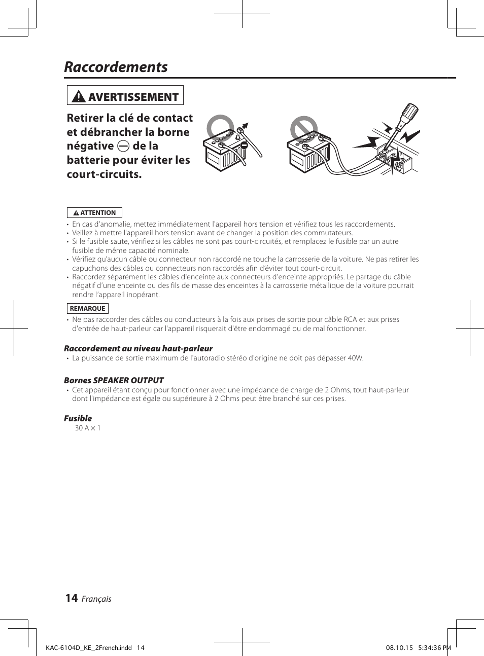 Raccordements | Kenwood KAC-6104D User Manual | Page 14 / 28