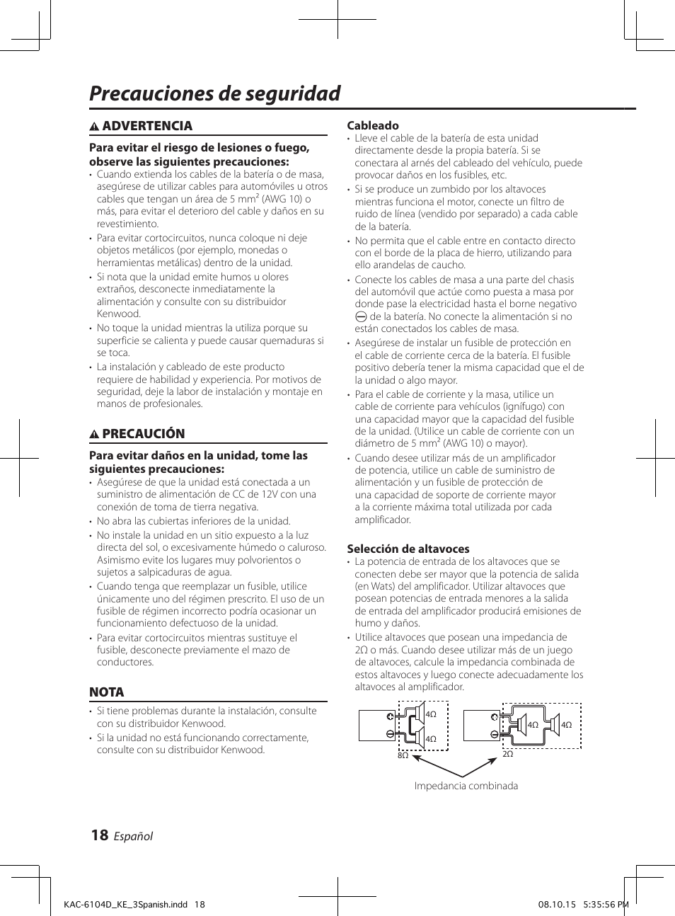 Precauciones de seguridad, Advertencia, Precaución | Nota | Kenwood KAC-6104D User Manual | Page 18 / 28