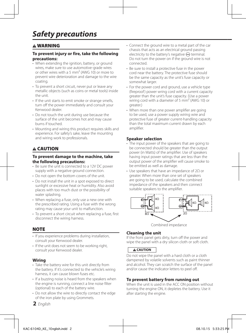 Safety precautions, Warning, Caution | Kenwood KAC-6104D User Manual | Page 2 / 28