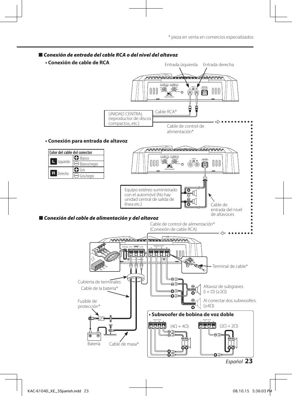 Español, Subwoofer de bobina de voz doble, Color del cable del conector | Izquierdo 9 blanco · blanco/negro | Kenwood KAC-6104D User Manual | Page 23 / 28