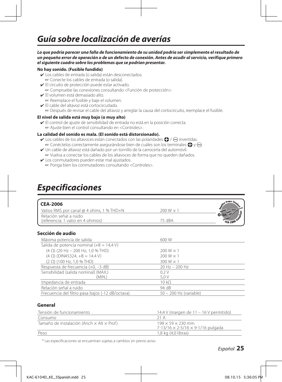 Especificaciones, Guía sobre localización de averías | Kenwood KAC-6104D User Manual | Page 25 / 28