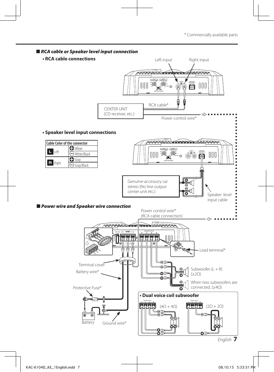 English, Dual voice coil subwoofer, Cable color of the connector | Left 9 white · white/black | Kenwood KAC-6104D User Manual | Page 7 / 28