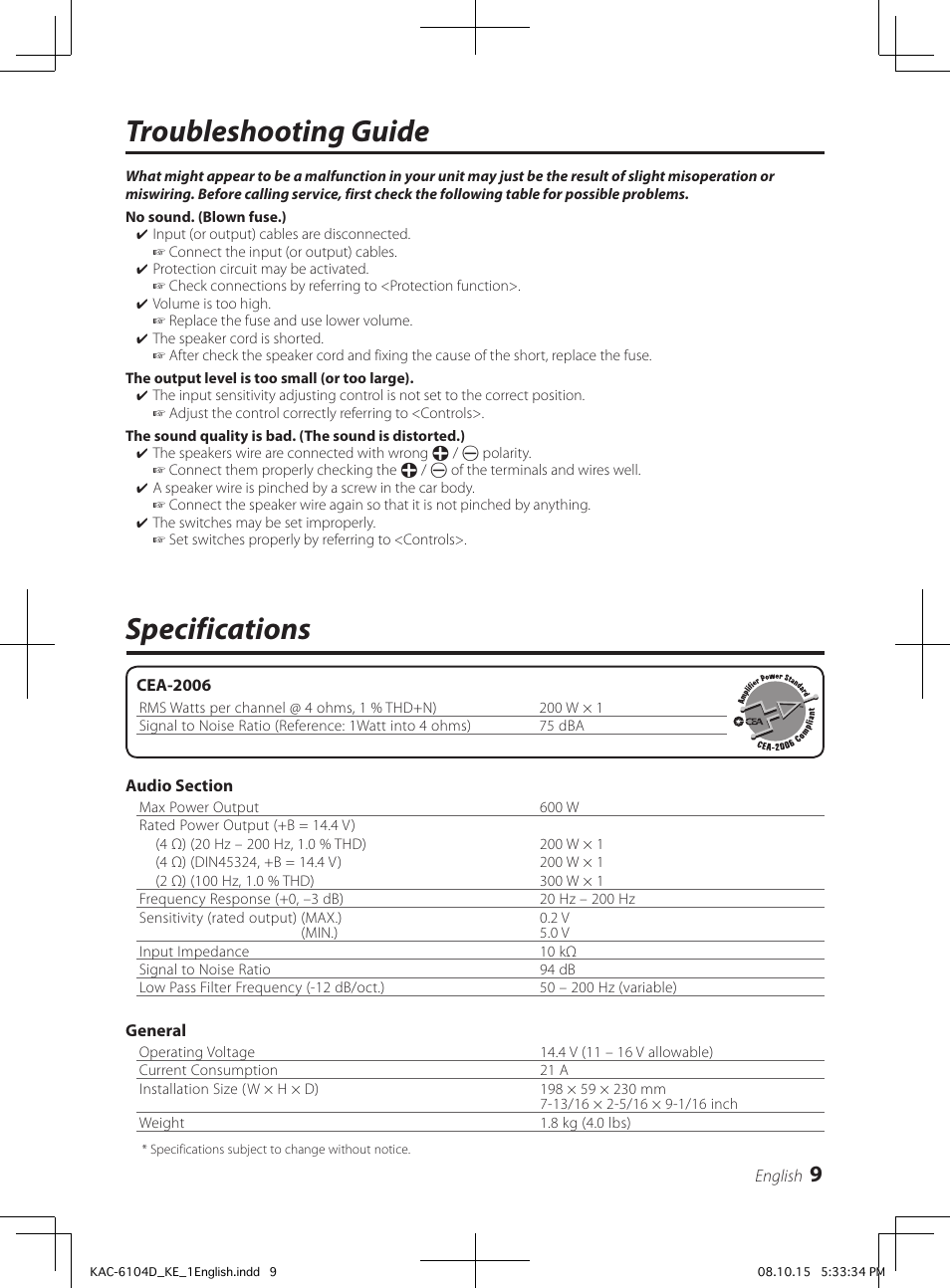 Specifications, Troubleshooting guide | Kenwood KAC-6104D User Manual | Page 9 / 28