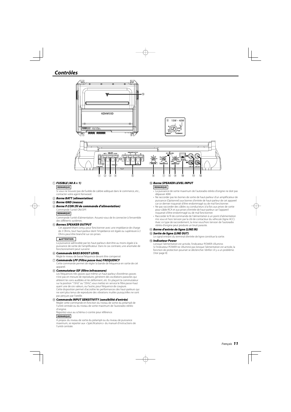 Contrôles | Kenwood KAC-8103D User Manual | Page 11 / 20