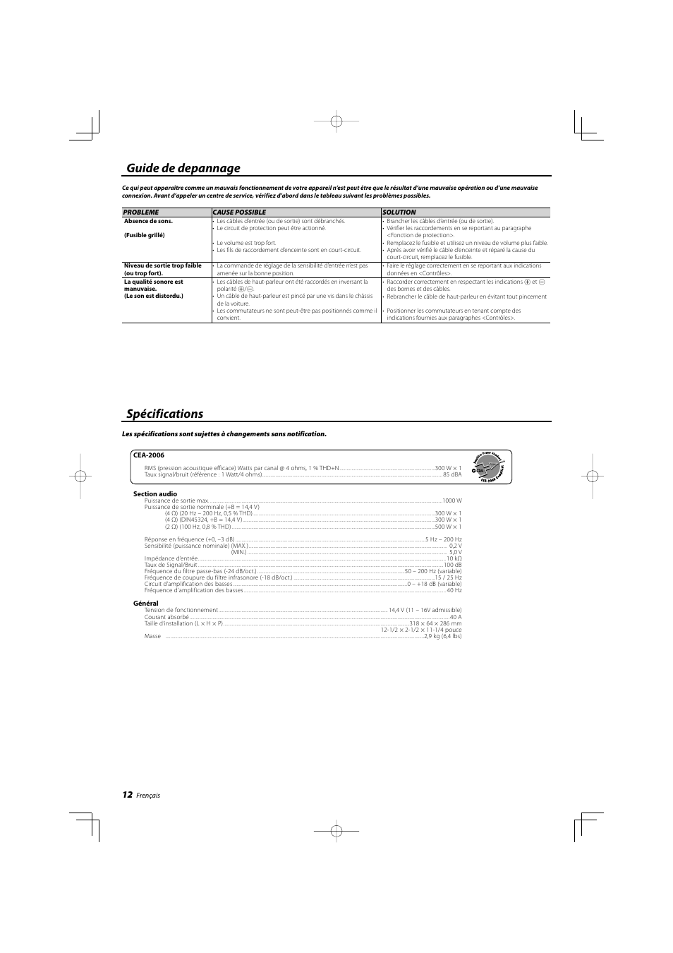 Guide de depannage spécifications | Kenwood KAC-8103D User Manual | Page 12 / 20