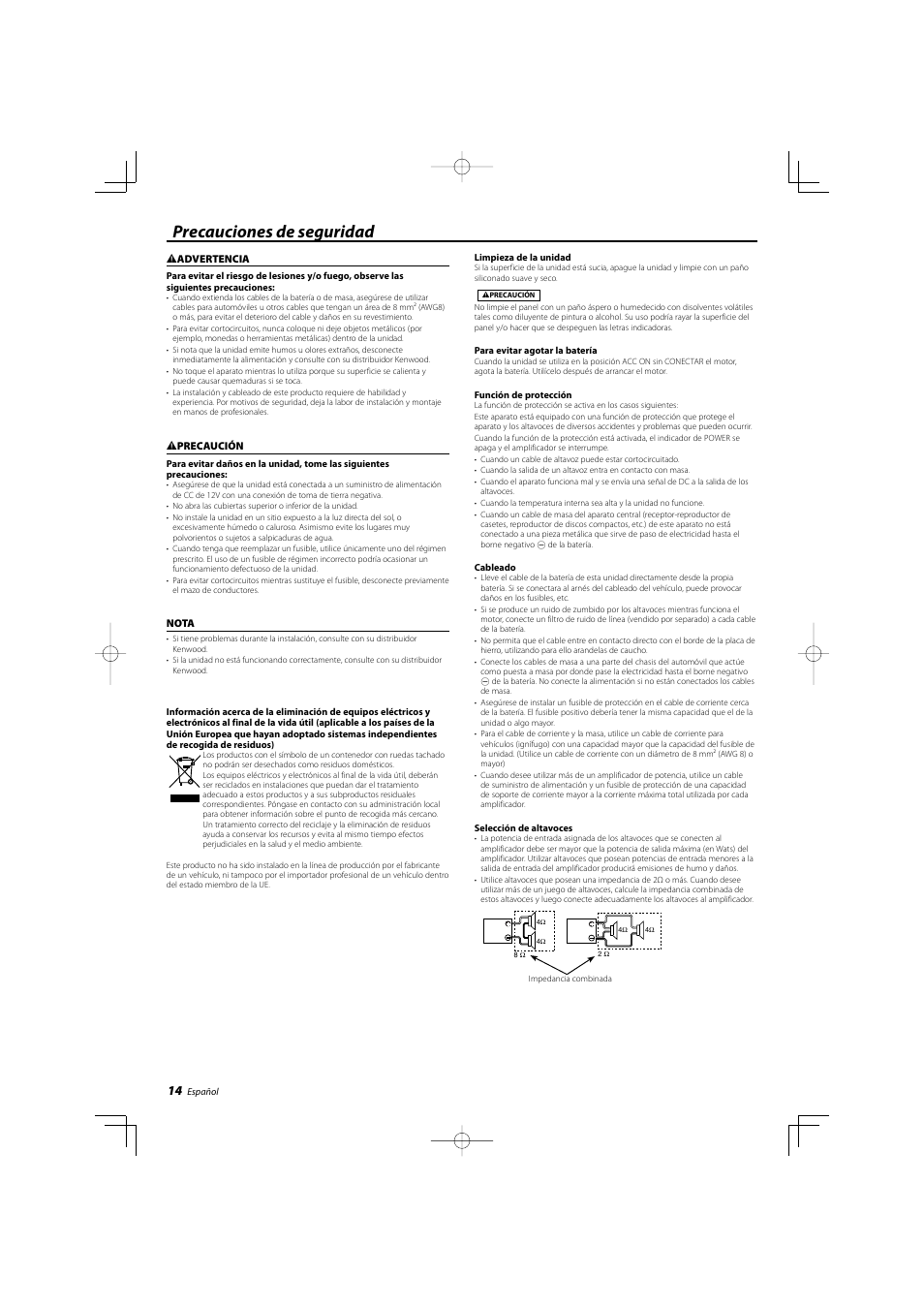 Precauciones de seguridad | Kenwood KAC-8103D User Manual | Page 14 / 20