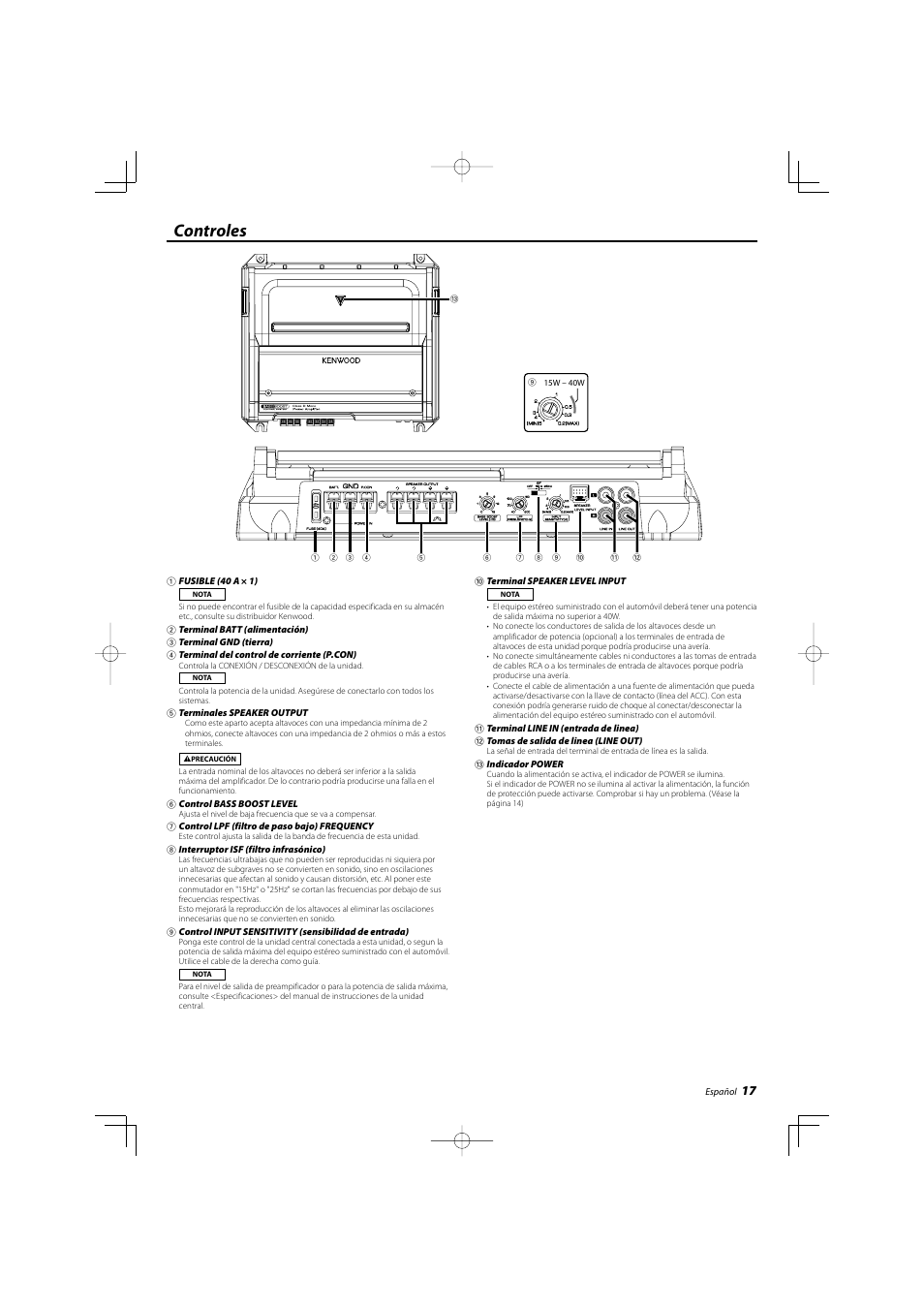 Controles | Kenwood KAC-8103D User Manual | Page 17 / 20